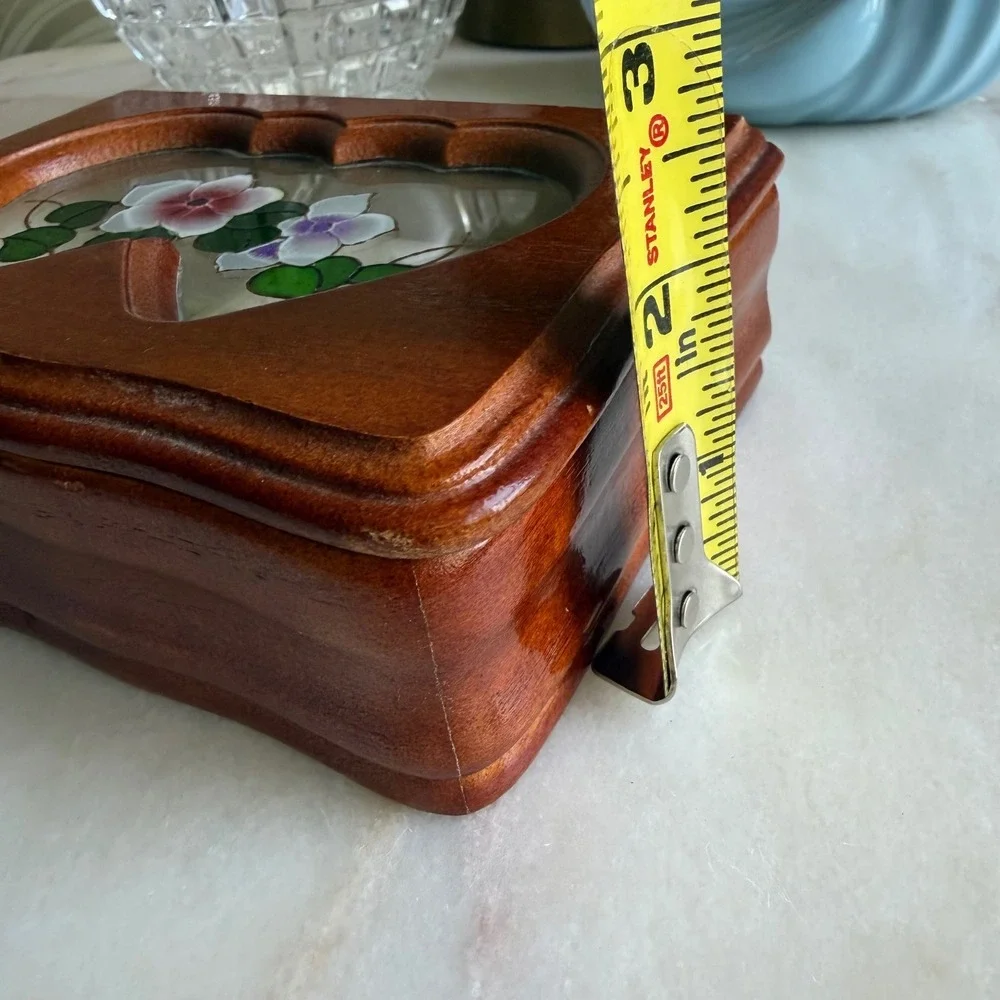 Vintage Wood Jewelry Box‎ Double Heart Floral Glass Inlay Trinket Box Organizer